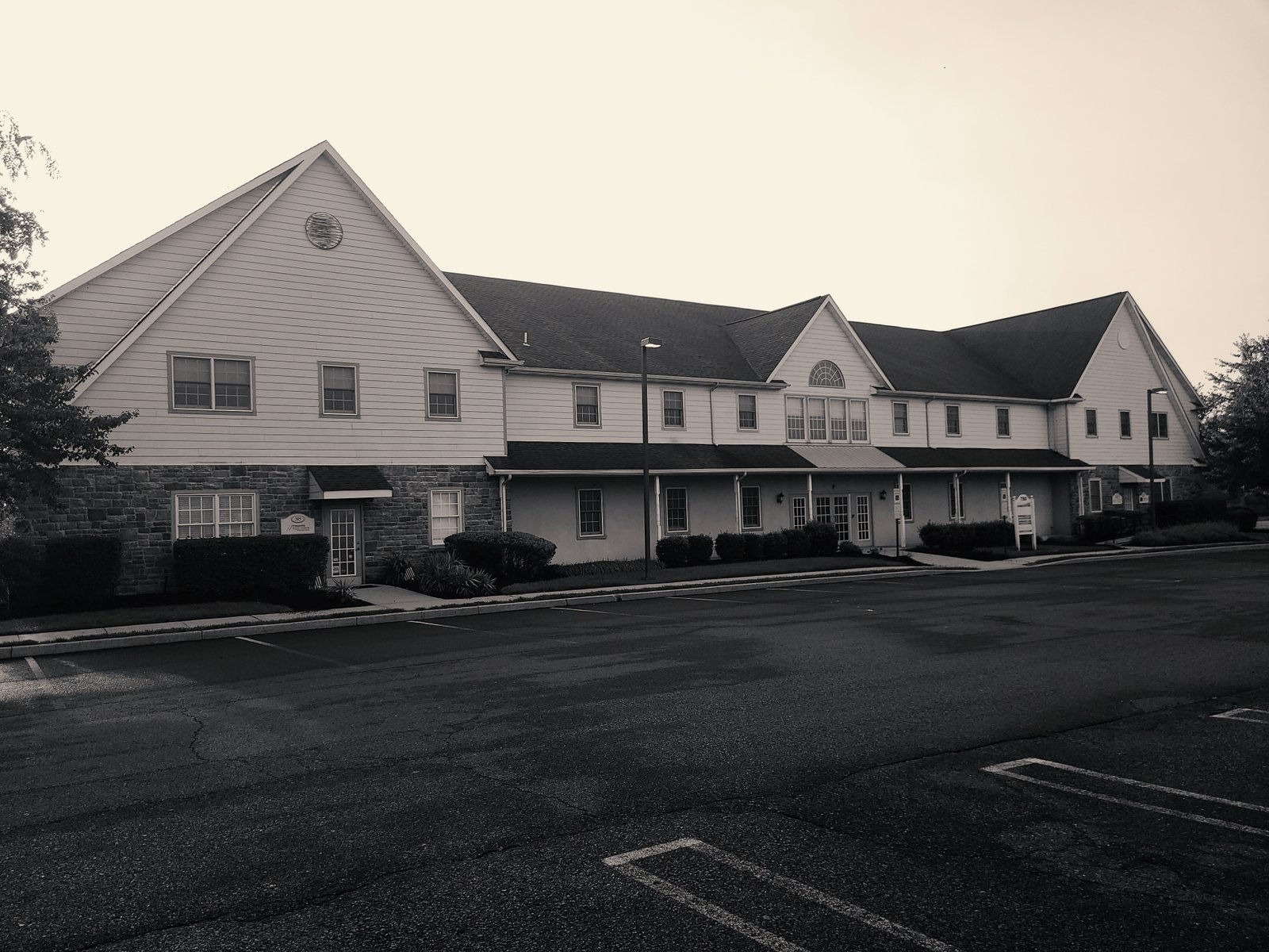 Main building exterior black and white