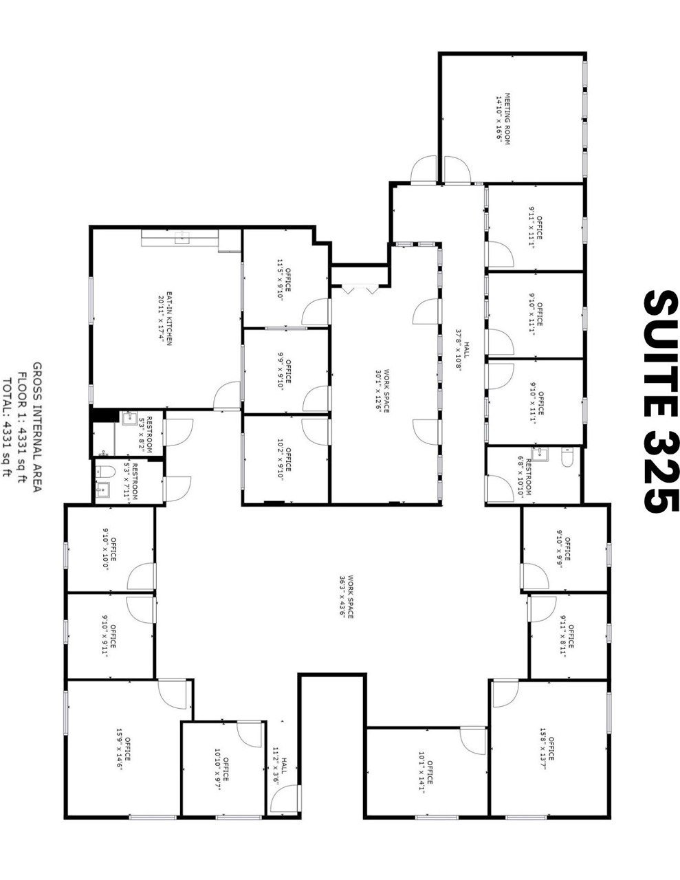 Floor plan for Suite 325 showing offices, workspaces, kitchen, meeting room, and restrooms
